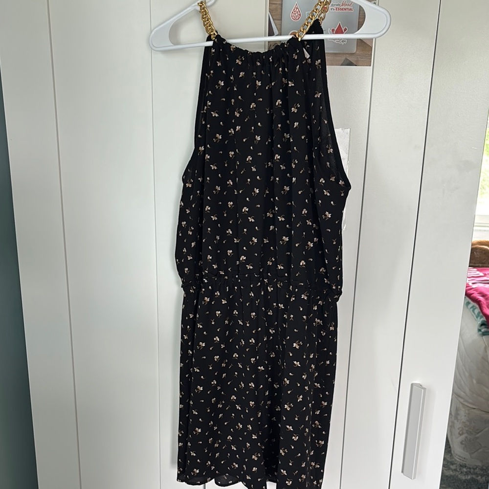 Michael Kors Black Floral Sleeveless romper with Gold Chain Straps